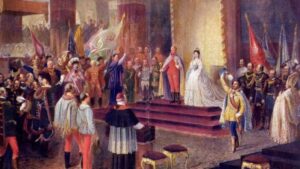 Franz Joseph's coronation as Apostolic King of Hungary. Painting by Edmund Tull.