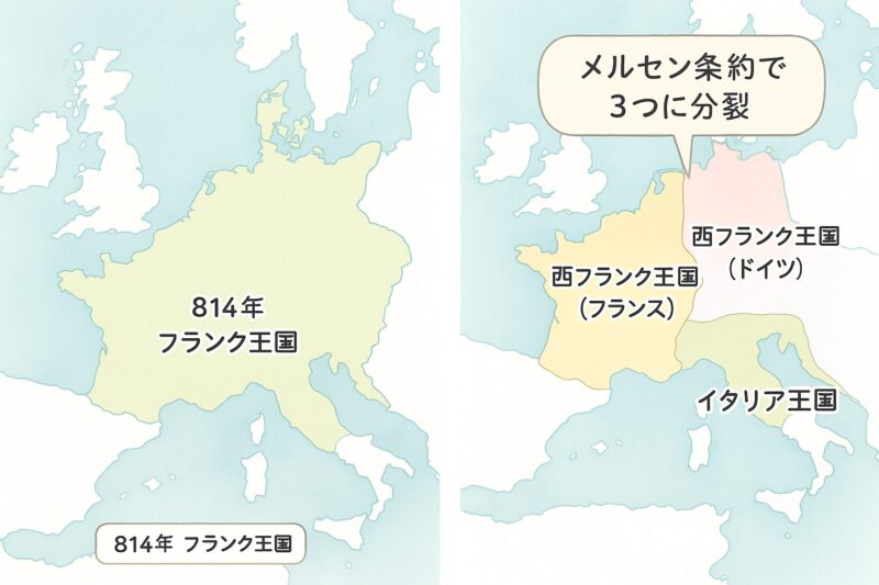 フランク王国の地図 (メルセン条約による分割)