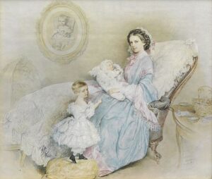 Empress Elisabeth with her two children and a portrait of the late Archduchess Sophie Friederike (1858)