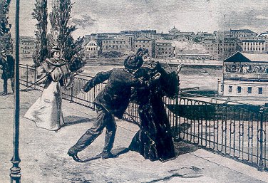 イタリアのアナキスト、ルイジ・ルケーニによるエリザベートの刺殺を描いた芸術家の描写