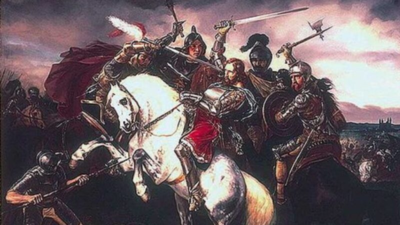 ゲルハイムの戦いでアドルフを討ち取ったアルブレヒト1世と従者たち（1829年、Simon Meister作）