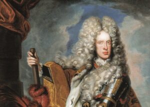 Ölgemälde von Kaiser Joseph I. mit Harnisch und Feldherrenstab vor einer Schlachtenszene. 